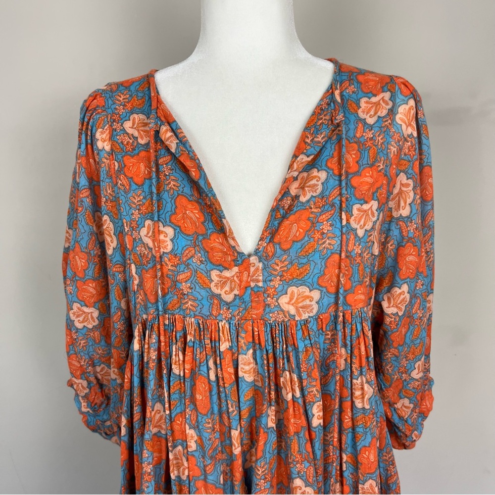 SUNDRY FLORAL MINI SHIFT DRESS SIZE 2 (MEDIUM) SLEEVES ORANGE AND BLUE - Picture 8 of 16